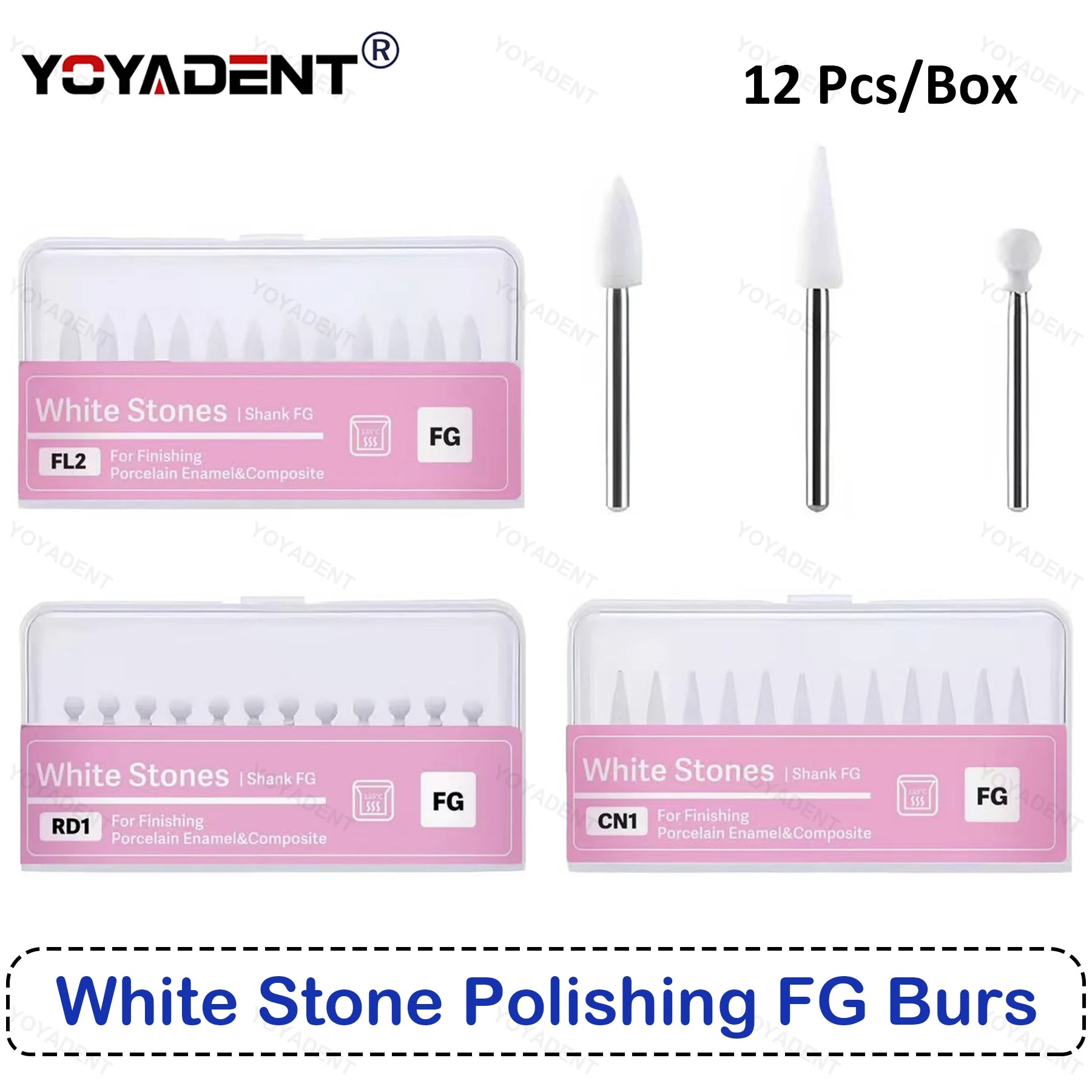 Dental Polishing Stone Kit White FG Burs Cone/Flame/Round Teeth Whitening Polishing Tools 12pcs/Box CN1 RD1 FL2 Dental Products