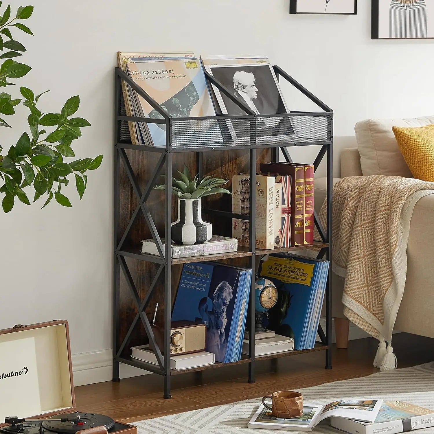 6 Grids Vinyl Record Storage Holder Rack, Wooden Display Table for Magazines Files Albums Books in Living Room Bedroom