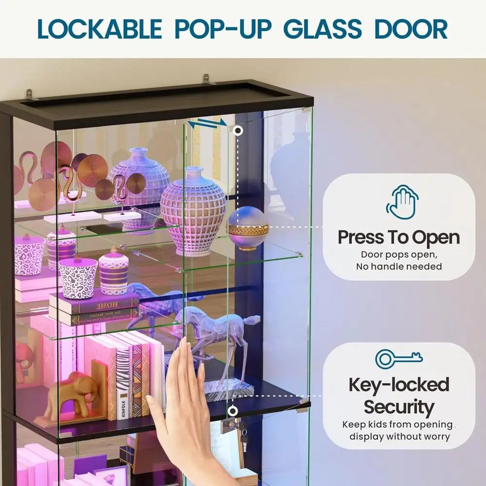 10-Tier Lockable Glass Display Cabinet with Motion Sensor RGB Lights, 71 High, Removable Shelves for Collectibles, Black