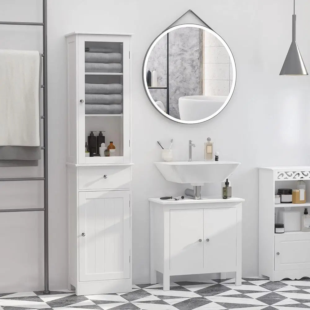 White Slim Tall Bathroom Storage Cabinet with Acrylic Door and Shelves