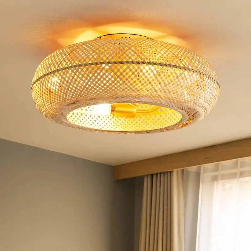 Bamboo Ceiling Fan Fans With Lights Remote Control Bedroom Decor Ventilator Lamp 50cm Air Invisible Blades Retractable Silent