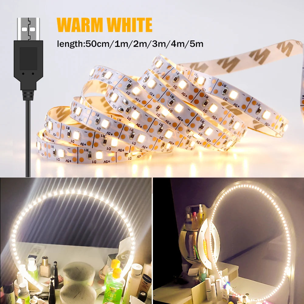 DC5V LED Makeup Mirror Light Strip USB Dressing Table Lamp LED Tape Room Decoration Bedroom Vanity Lights 0.5M 1M 2M 3M 4M 5M