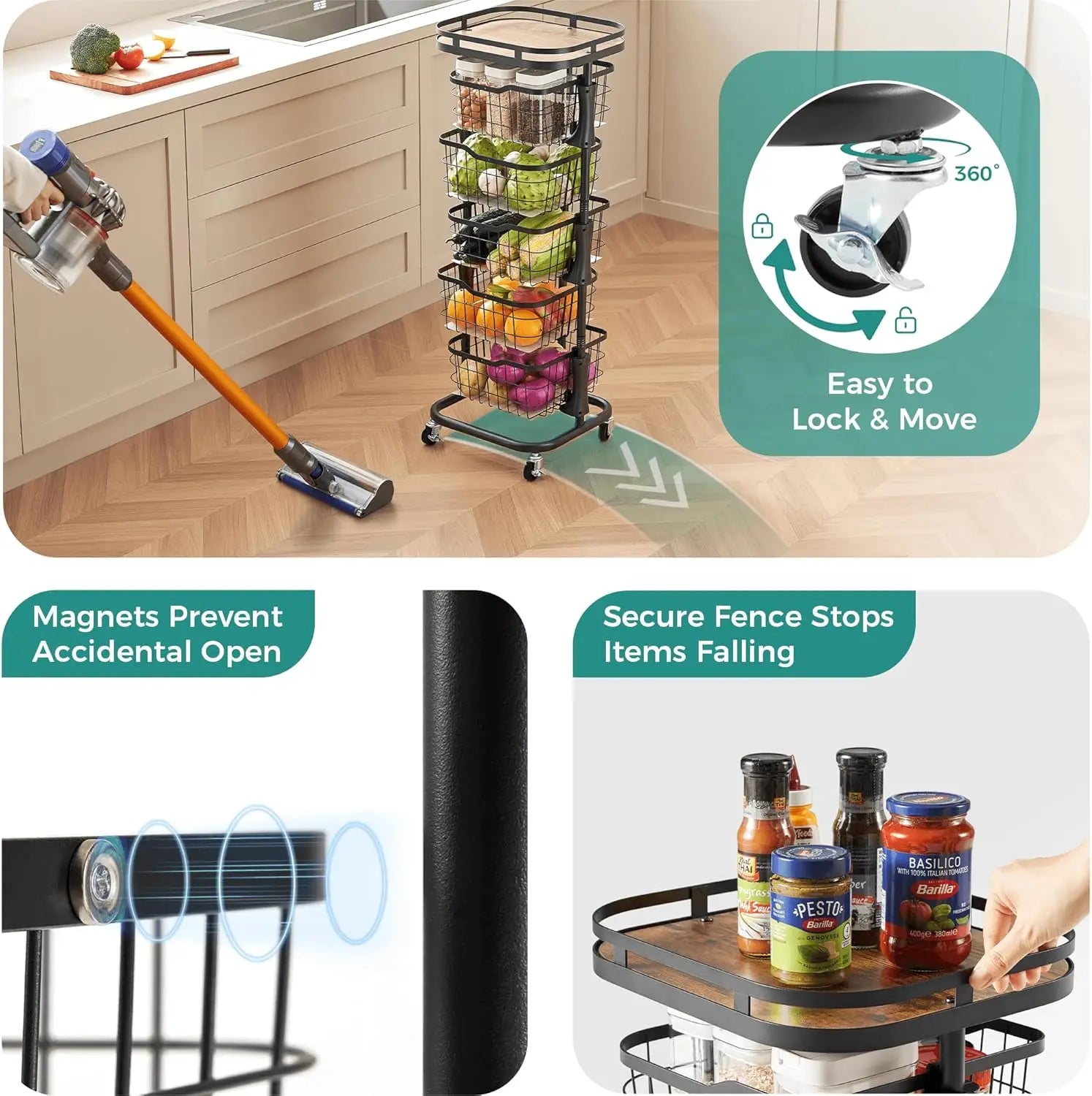 5 Tier Rotating Vegetable Storage Cart with Wheels, Black Kitchen Pantry Organizer