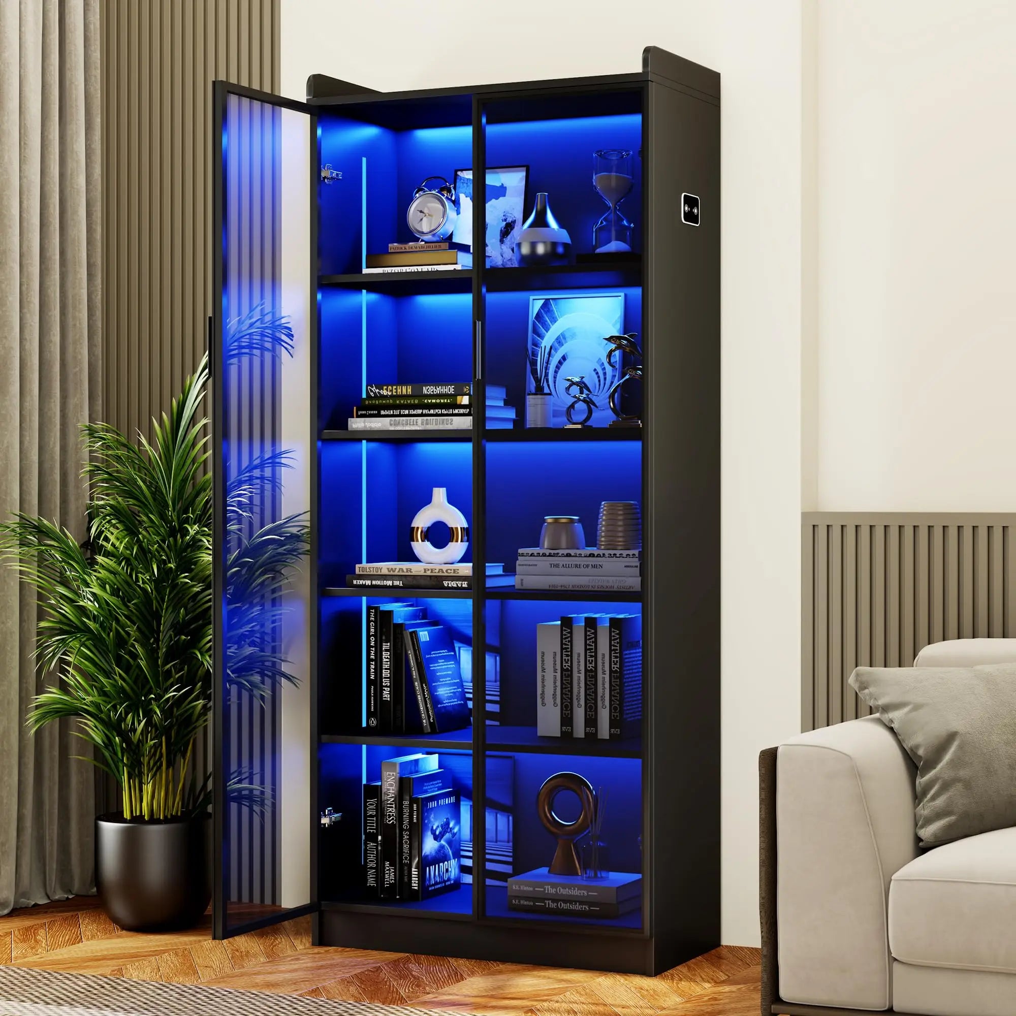 Dystler 65" Tall 5 Tier Display Cabinet with Doors Adjustable Shelves LED Light Bookcase Human Body Sensor Storage Cabinet