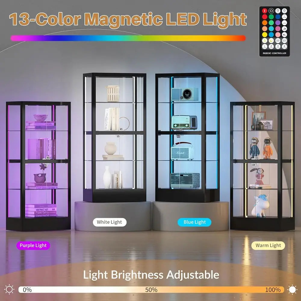 4-Sided Lockable Glass Display Cabinet with 13 Color Lights, Adjustable Shelves for Collectibles, Wine, China, 28 W, Black
