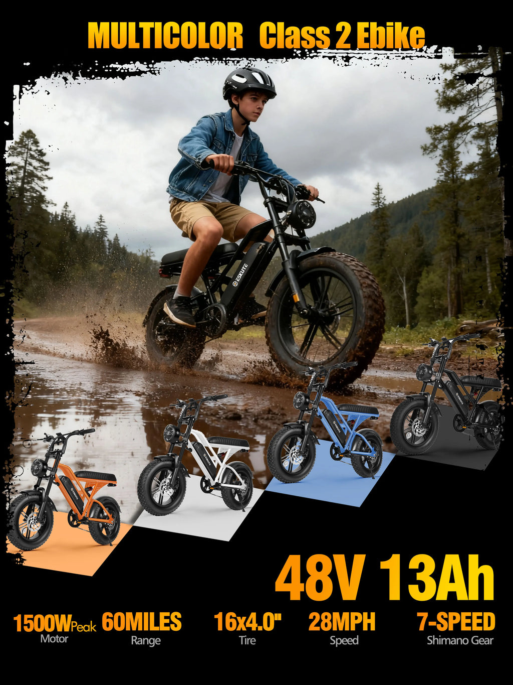 Eskute V100 Electric Motor, 1500W Peak 28MPH 48V13Ah Ebike, 16"x4" Fat Tire,  Dual Suspension E-Bike, 1 Year Warranty,UL28849