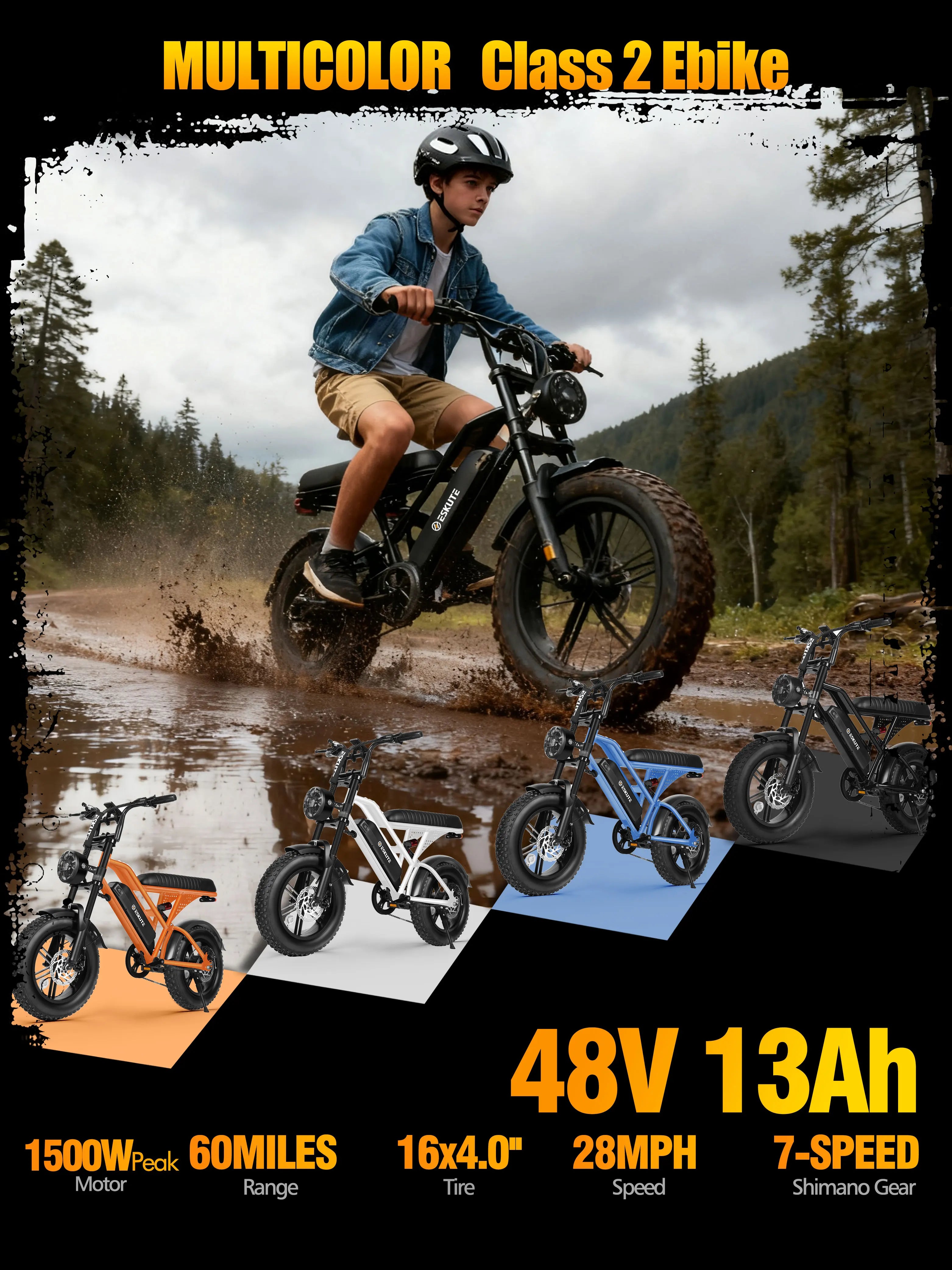Eskute V100 Electric Motor, 1500W Peak 28MPH 48V13Ah Ebike, 16"x4" Fat Tire,  Dual Suspension E-Bike, 1 Year Warranty,UL28849