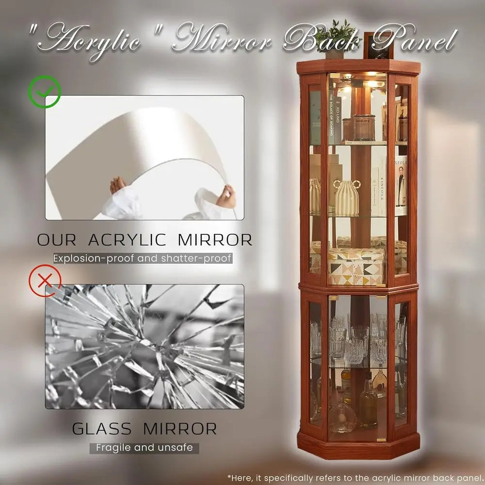 70 Tall Illuminated Glass Display Case with Tempered Glass Doors, Adjustable Shelves, Included Bulb, Ideal for Wine Bar or Livin