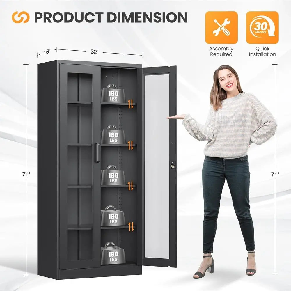 71 Tall Metal Glass Door Display Cabinet with Adjustable Shelves, Ideal for Liquor, Collectibles, Home or Clinic Use - Assembly