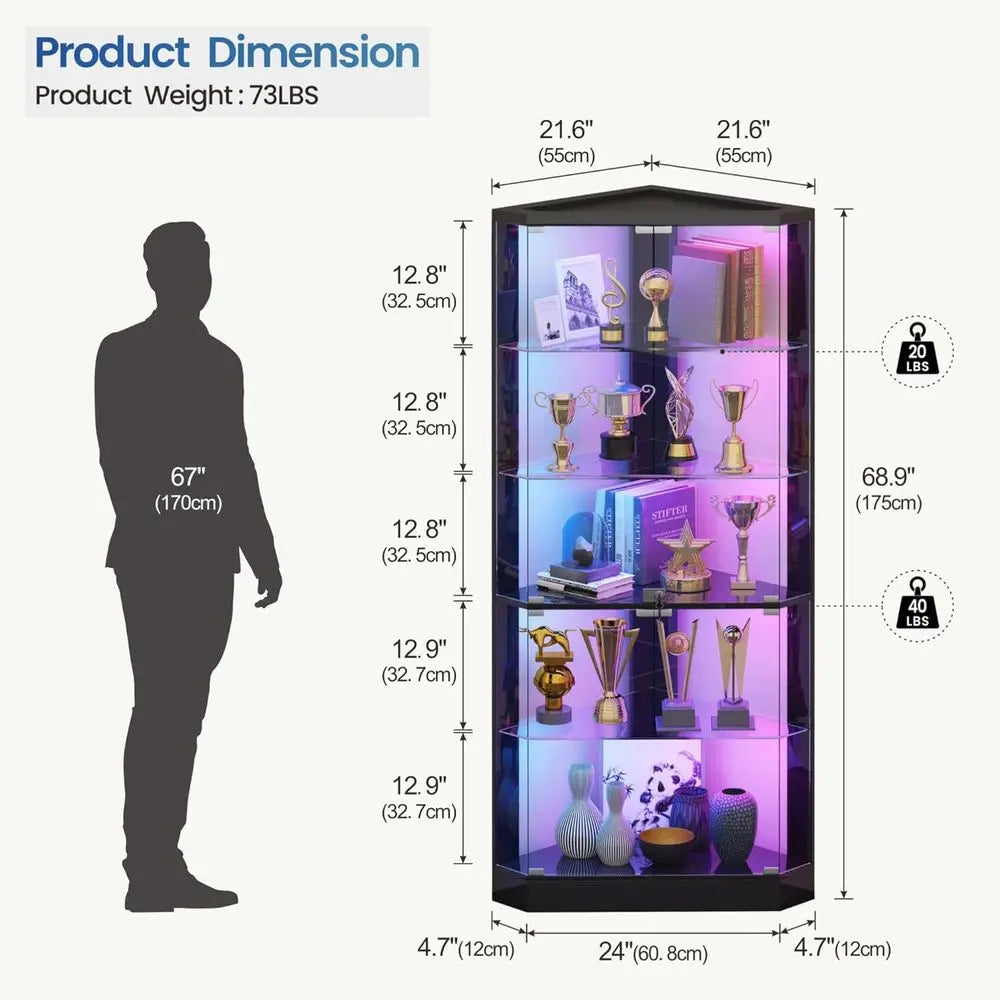 69 Black 5-Tier Glass Display Cabinet with RGB Lights and Human Body Sensor for Living Room Collectibles