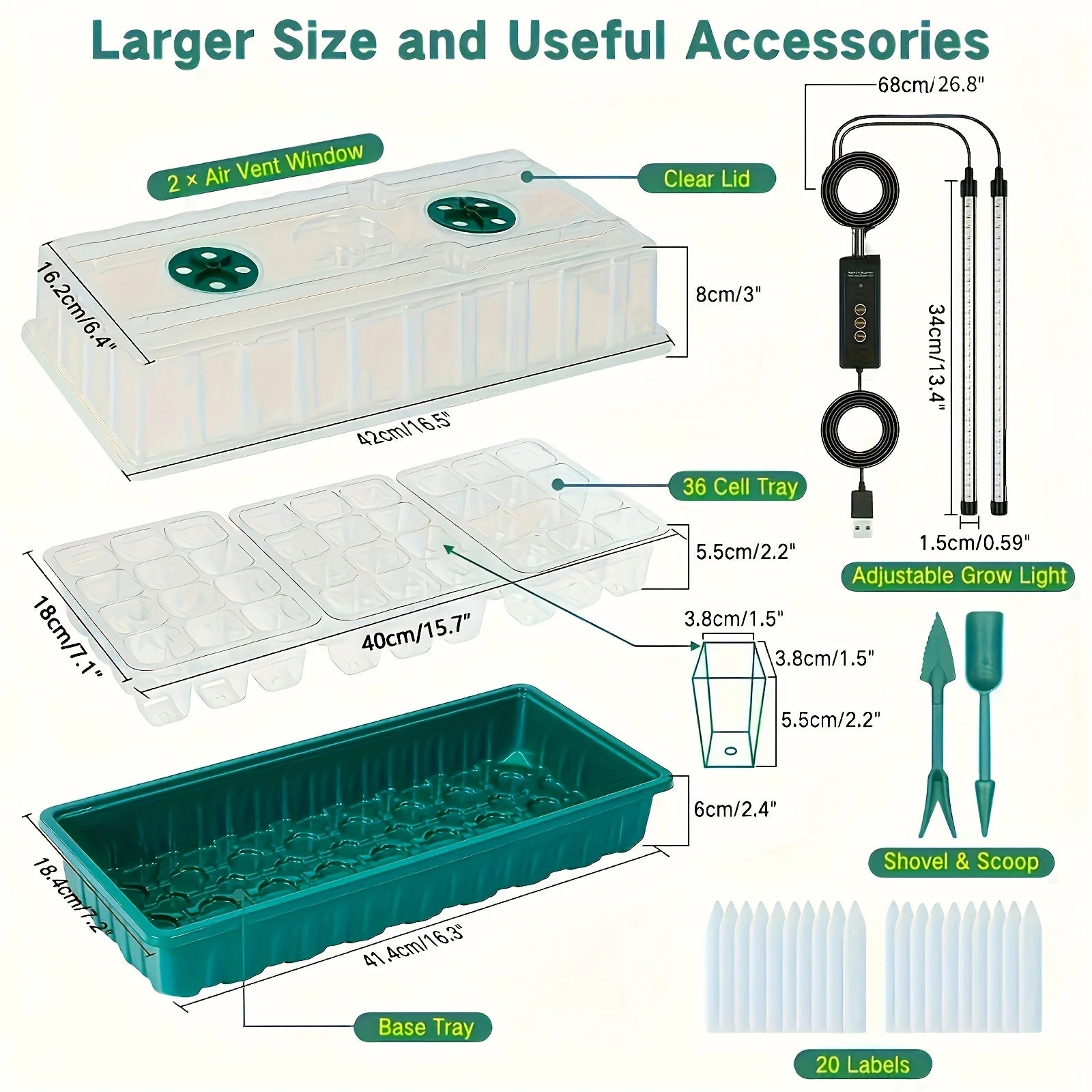 36-Cell Seed Starter Tray w/ Grow Light, 1 Germination Kits, Humidity Dome, Tall Lid, 2 LED Strips, Smart Timer 3 for Indoor