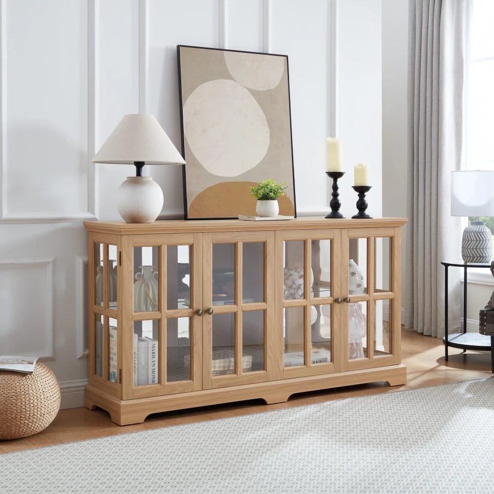 LED Curio Display Cabinet: Glass Doors, Adjustable Shelves, 4-Door OAK for Home/Office