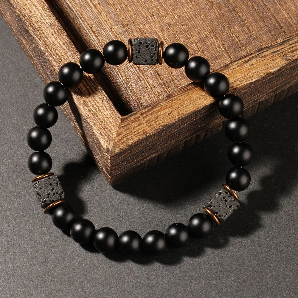 Creative square Volcanic stone Round men's bracelets autum black