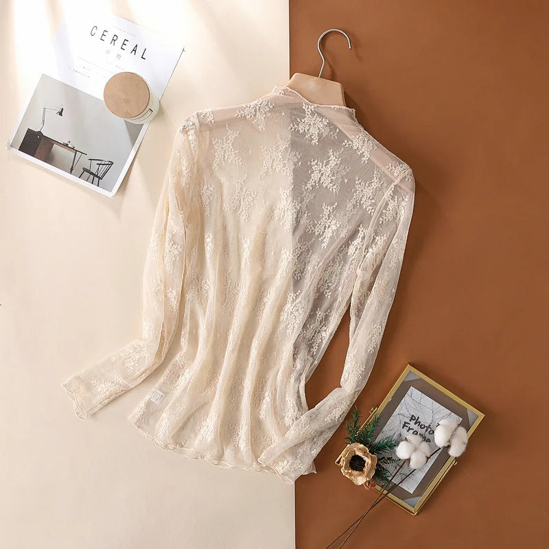Sexy Women Mesh T-Shirts Transparent Lace Blouse Long Sleeve See
