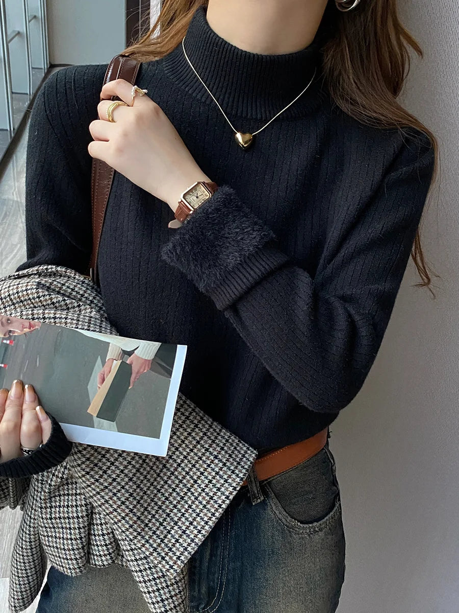 Women's Turtleneck Sweater Winter 2026 Retro with Velvet Lining