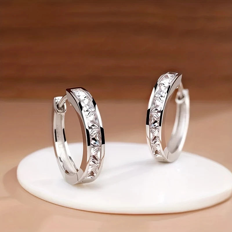 Huitan Hoop Earrings with Princess Cubic Zirconia Exquisite Ear Circle