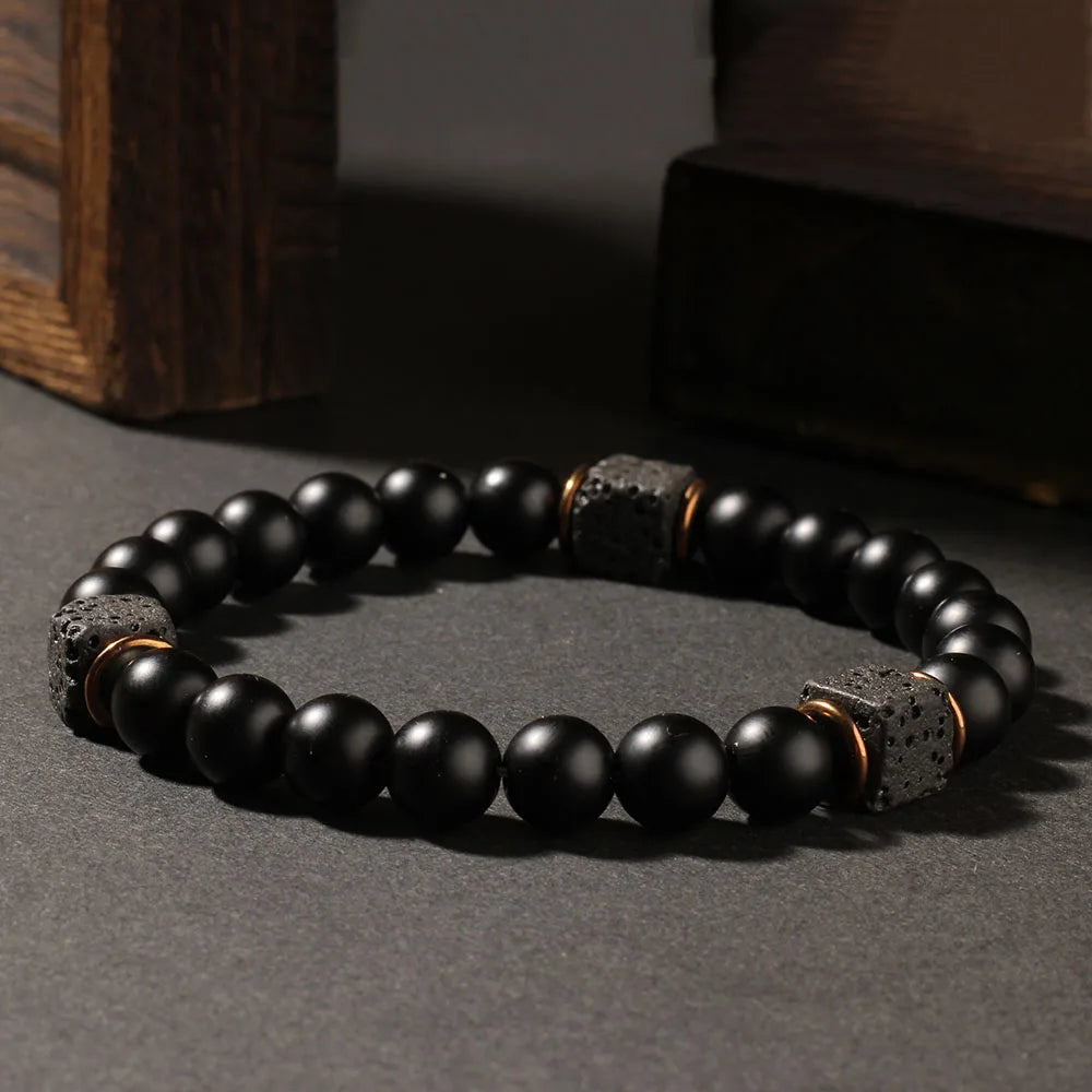 Creative square Volcanic stone Round men's bracelets autum black