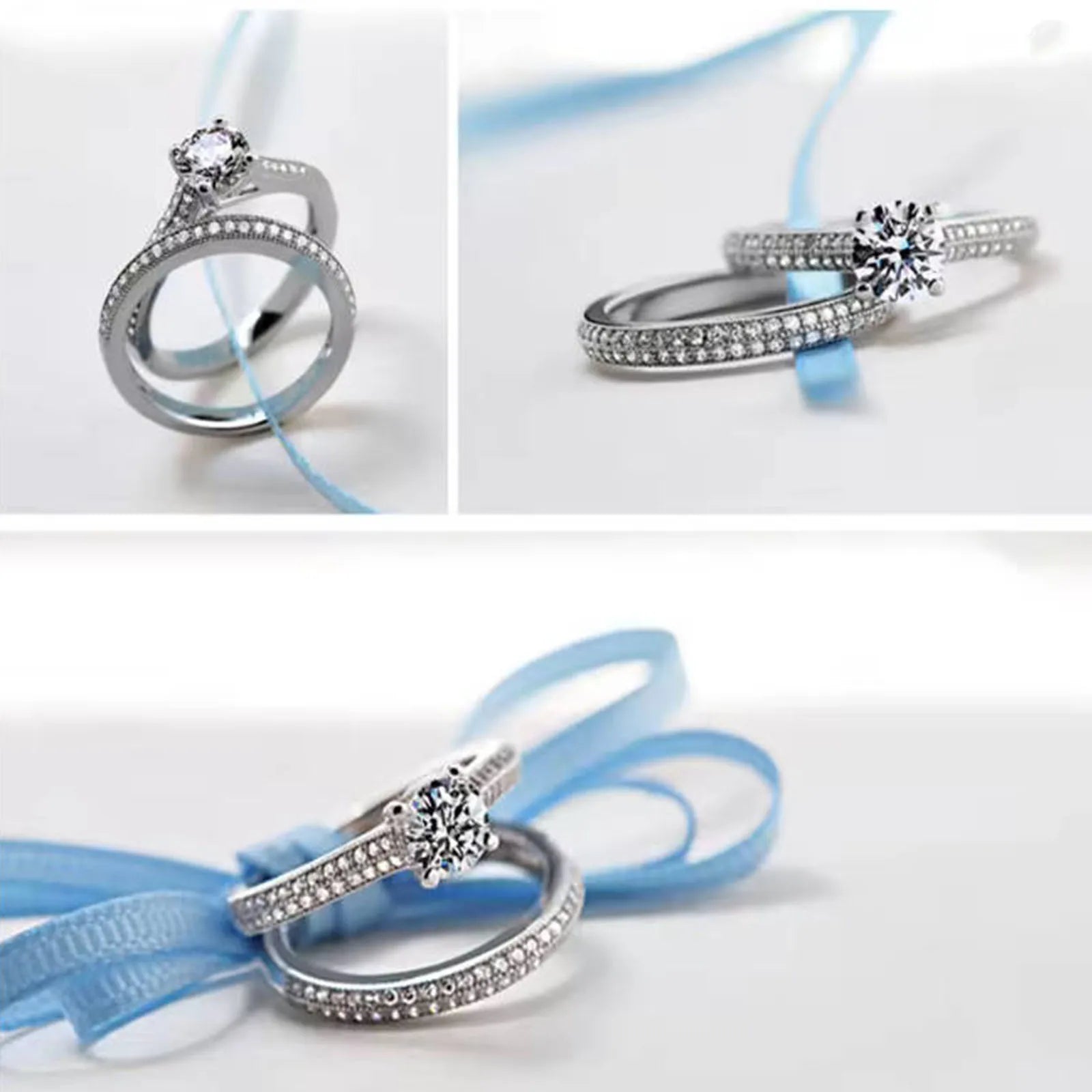 1 pair Vintage Halo 925 Sterling Silver Wedding Ring Set For Women