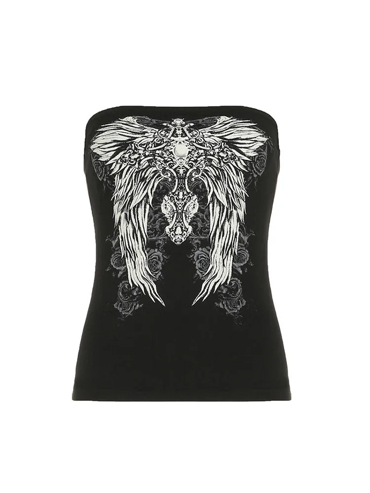 Gothic Print Black Strapless Tube Top Women Skinny Cropped Summer