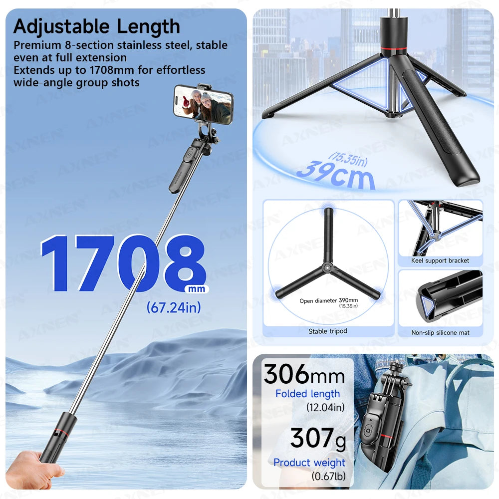 F16 Selfie Stick Tripod with 1708mm Long 8-Section Pole, Bluetooth