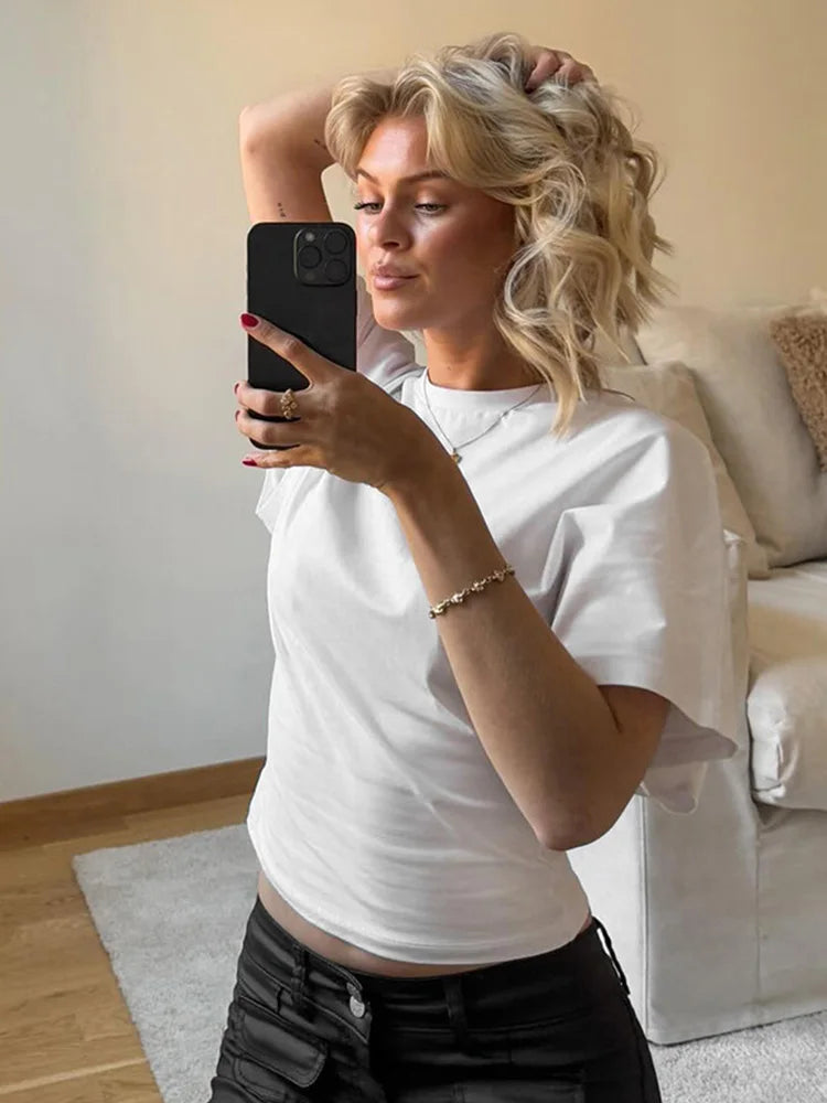 Gray Cropped T-shirt Women's O-neck Corset Tops Fashion Casual Solid