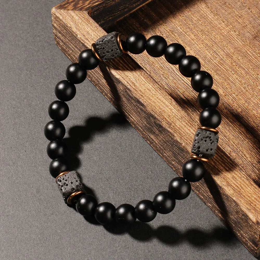 Creative square Volcanic stone Round men's bracelets autum black