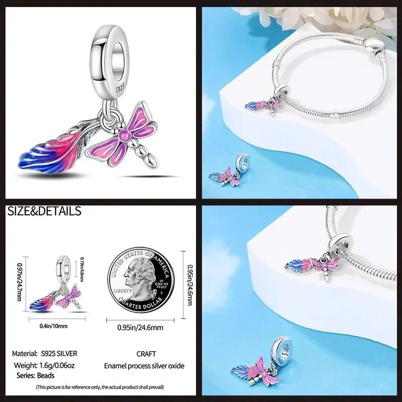 Charm Plata 925 Sterling Silver Colored Bird Feathers Fantasy Flying