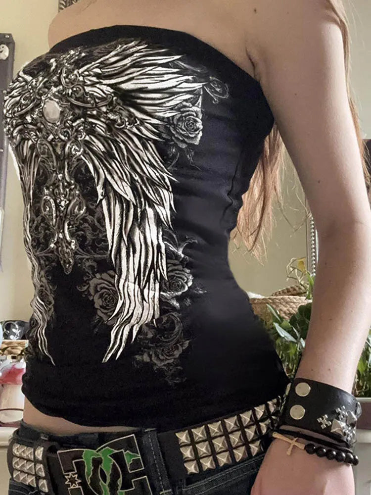 Gothic Print Black Strapless Tube Top Women Skinny Cropped Summer
