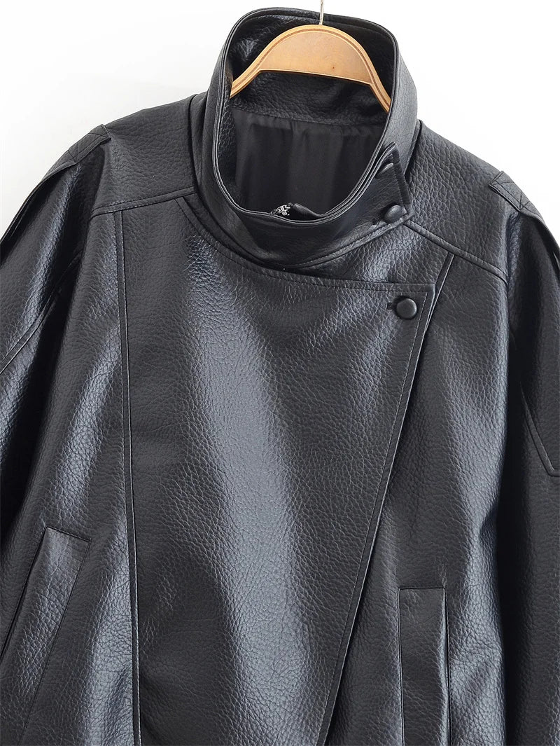 Women's Jacket Fall 2025 New Black Long Sleeve Pebble Faux Leather