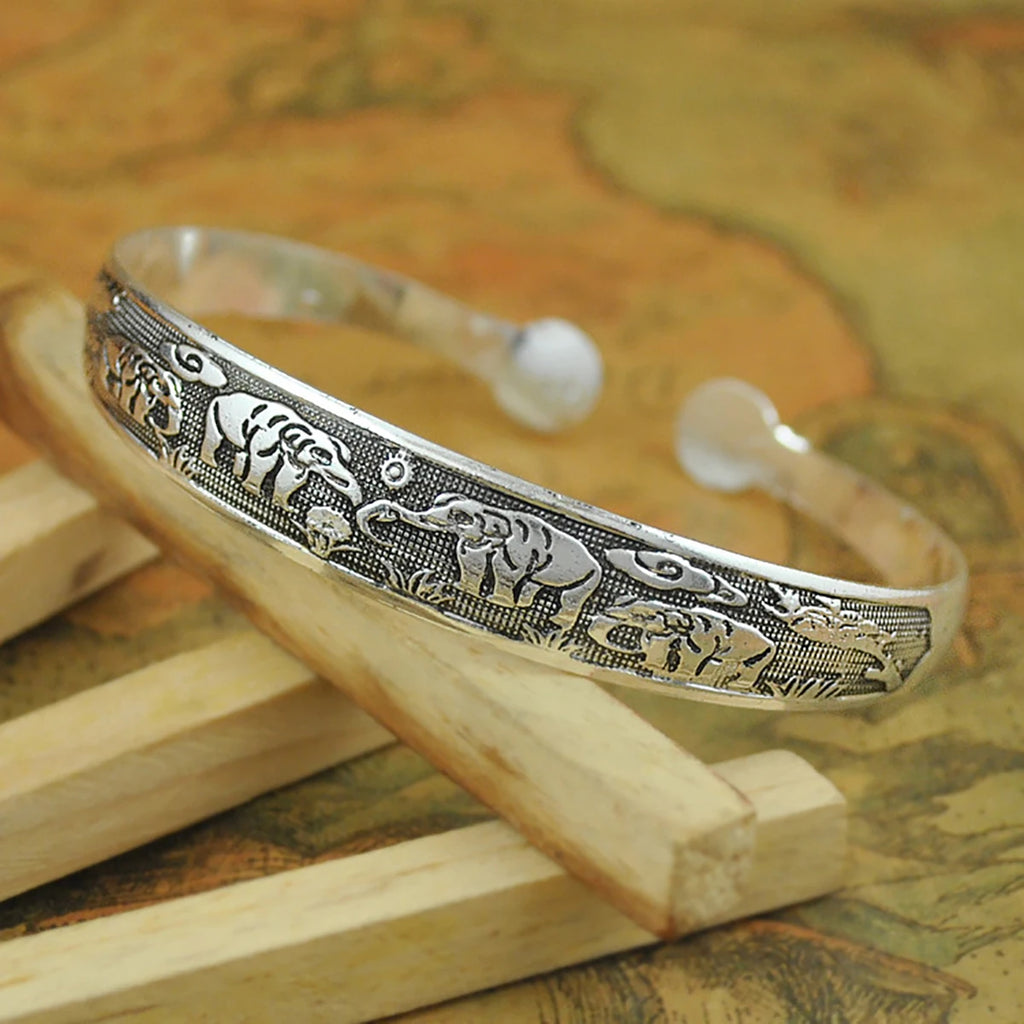 New Retro Cuff Bracelets Tibetan Silver Metal Carving Fish Elephant