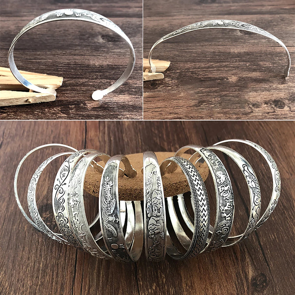 New Retro Cuff Bracelets Tibetan Silver Metal Carving Fish Elephant