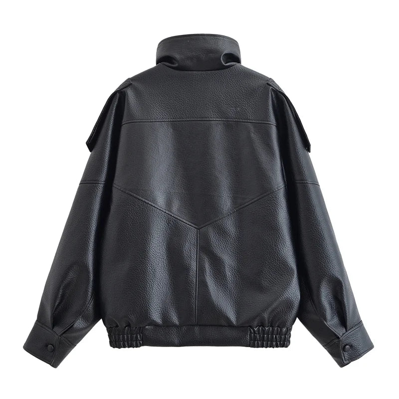 Women's Jacket Fall 2025 New Black Long Sleeve Pebble Faux Leather