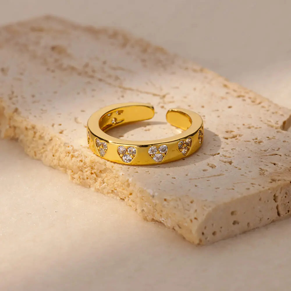 Zircon Geometric Heart Rings For Women Stainless Steel Gold Color