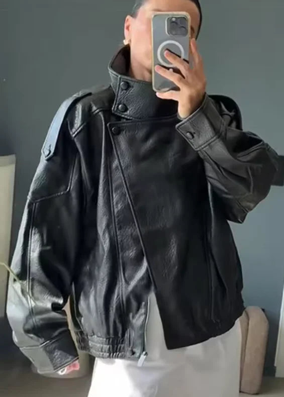 Women's Jacket Fall 2025 New Black Long Sleeve Pebble Faux Leather