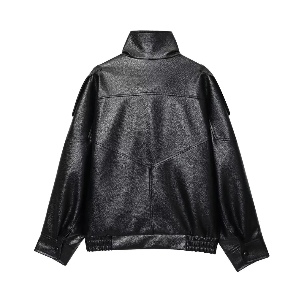 TFMLN Chic Black Faux Leather Jackets Women Long Sleeve Buttons
