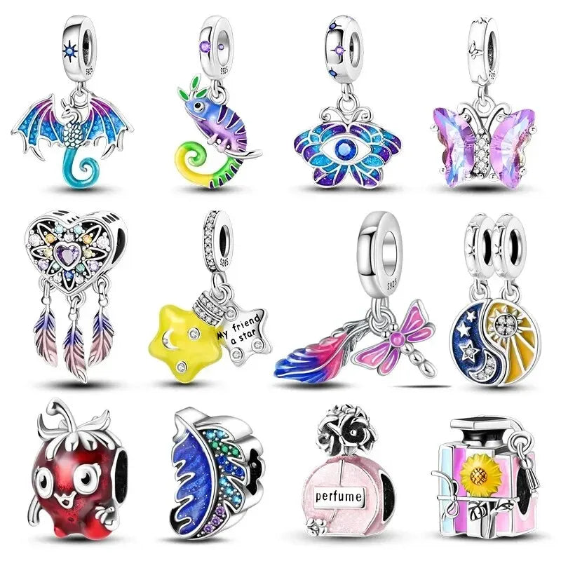 Charm Plata 925 Sterling Silver Colored Bird Feathers Fantasy Flying