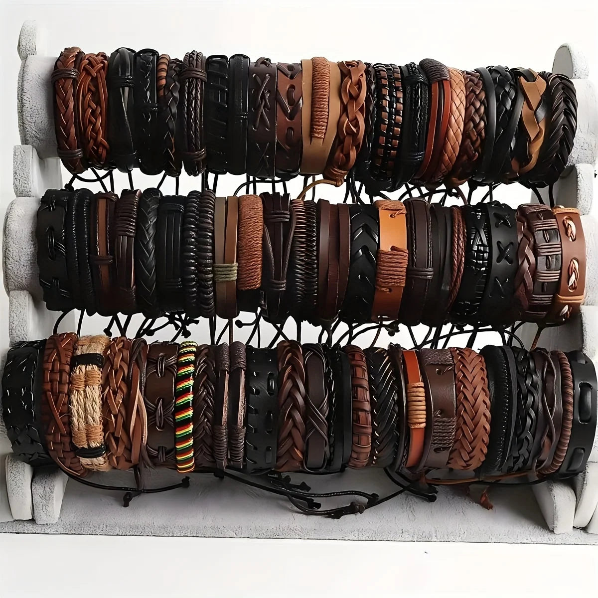 20Pcs Braided Leather Bracelets for Men Women Wrap Wood Beads Cuff