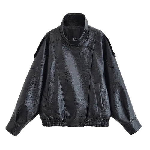 Women's Jacket Fall 2025 New Black Long Sleeve Pebble Faux Leather