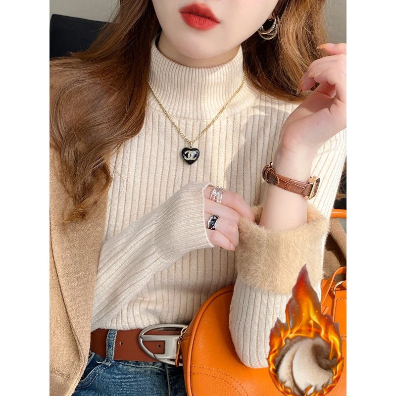 Women's Turtleneck Sweater Winter 2026 Retro with Velvet Lining