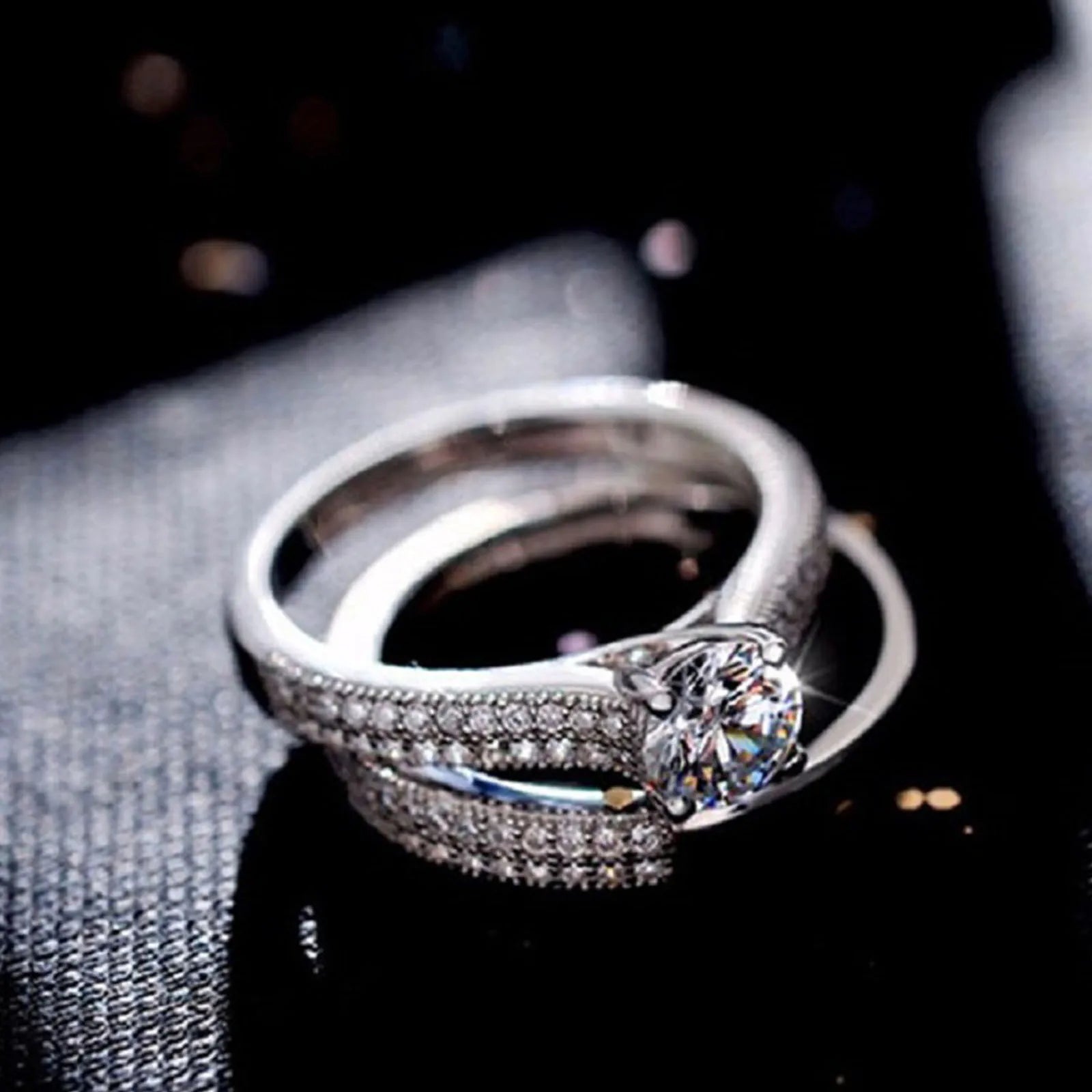 1 pair Vintage Halo 925 Sterling Silver Wedding Ring Set For Women