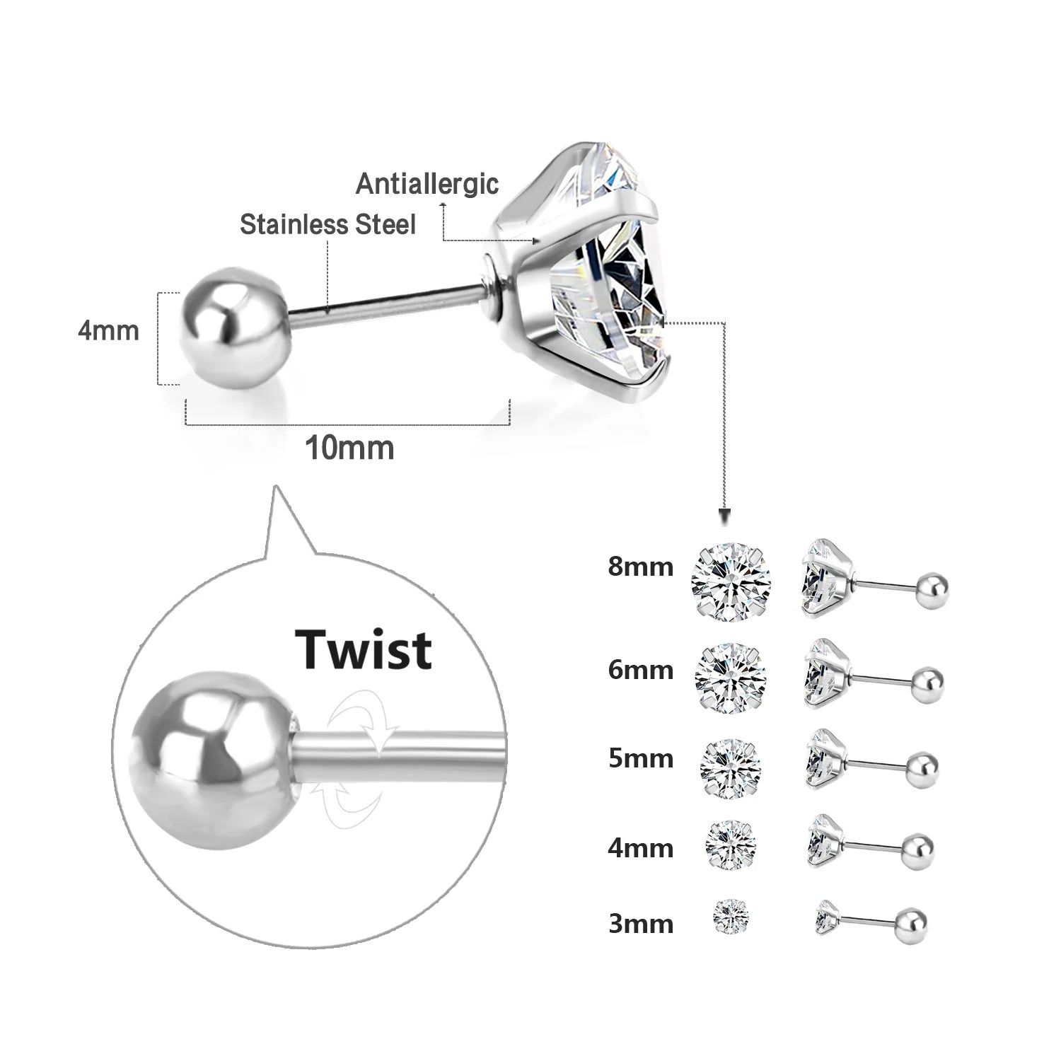 LUXUSTEEL 1 Pairs Shiny Crystal Zircon Stud Earrings For Women Men