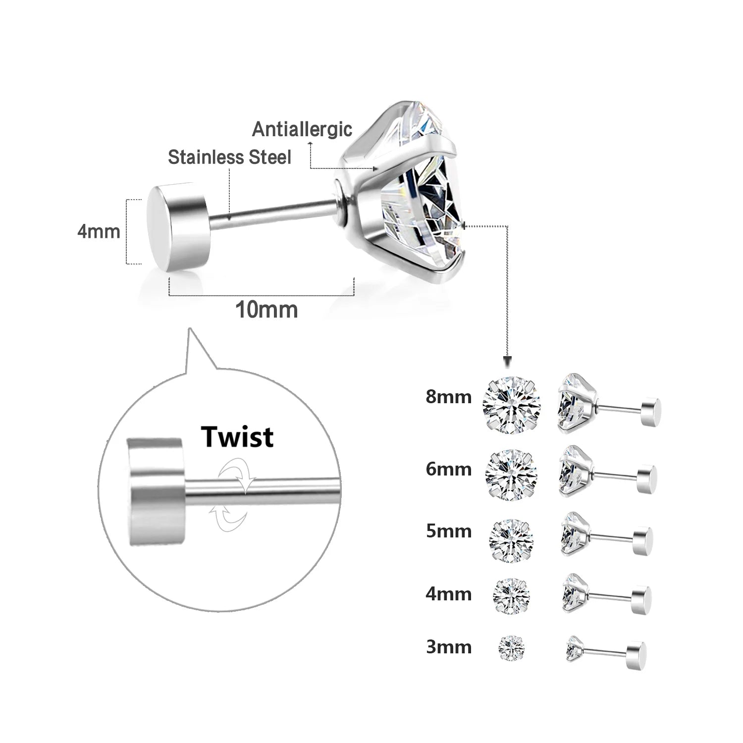 LUXUSTEEL 1Pairs/2Pcs Stainless Steel Crystal Studs Earrings For Women