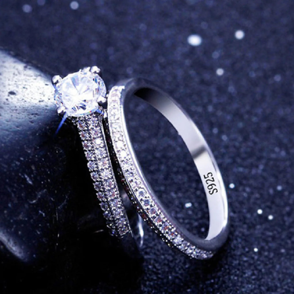 1 pair Vintage Halo 925 Sterling Silver Wedding Ring Set For Women