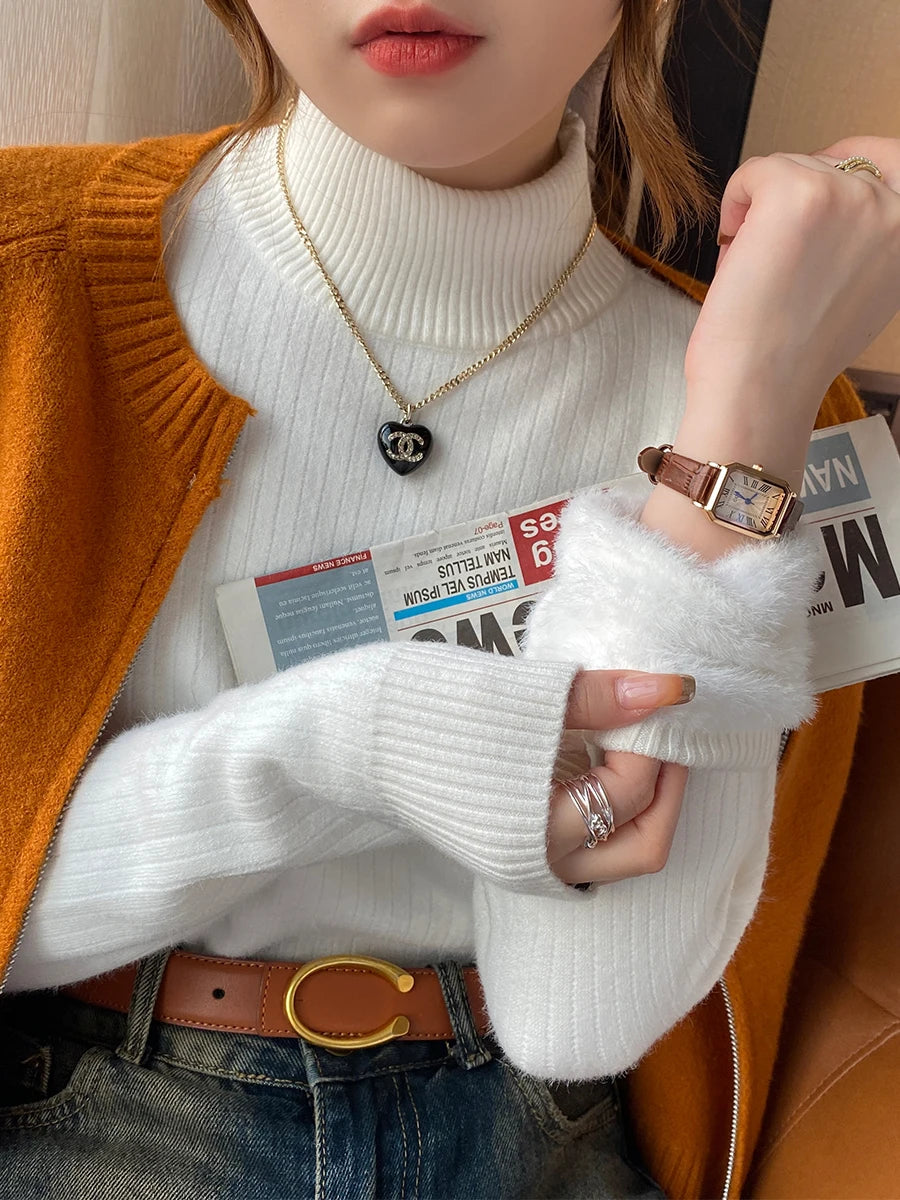 Women's Turtleneck Sweater Winter 2026 Retro with Velvet Lining