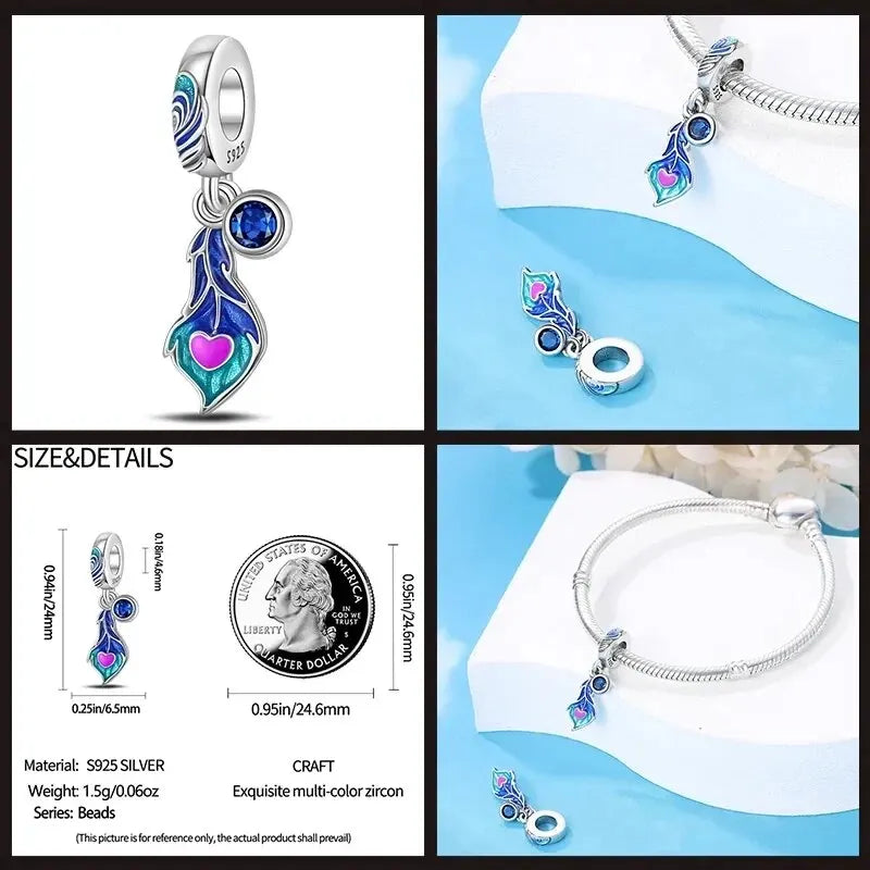 Charm Plata 925 Sterling Silver Colored Bird Feathers Fantasy Flying