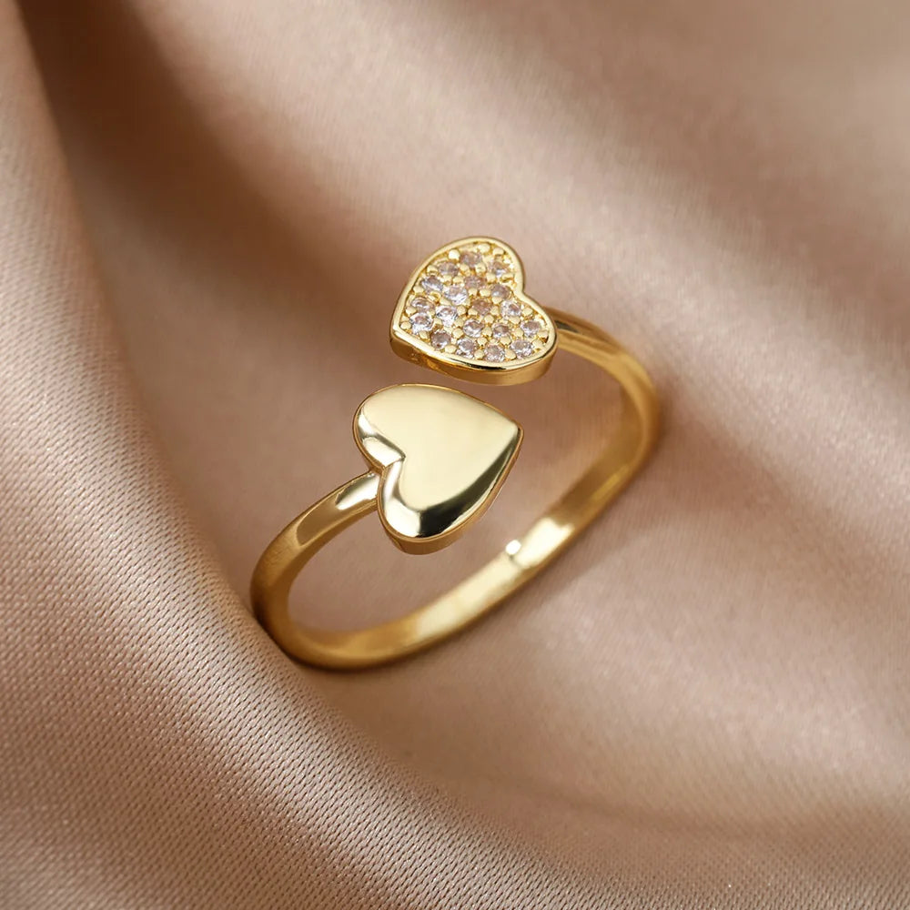 Zircon Geometric Heart Rings For Women Stainless Steel Gold Color