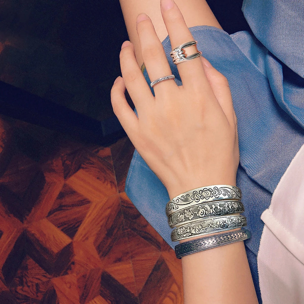 New Retro Cuff Bracelets Tibetan Silver Metal Carving Fish Elephant