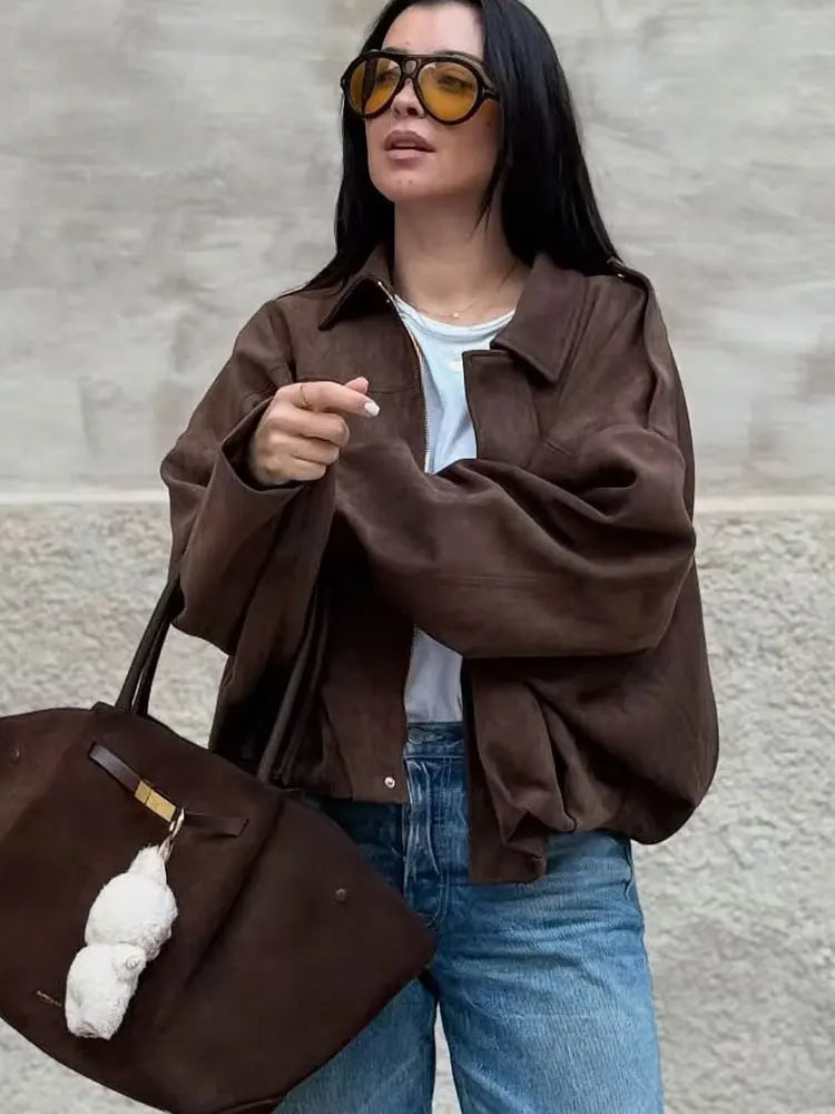 HH Women's Street Fashion Solid Loose Suede Texture Coats Causal Long