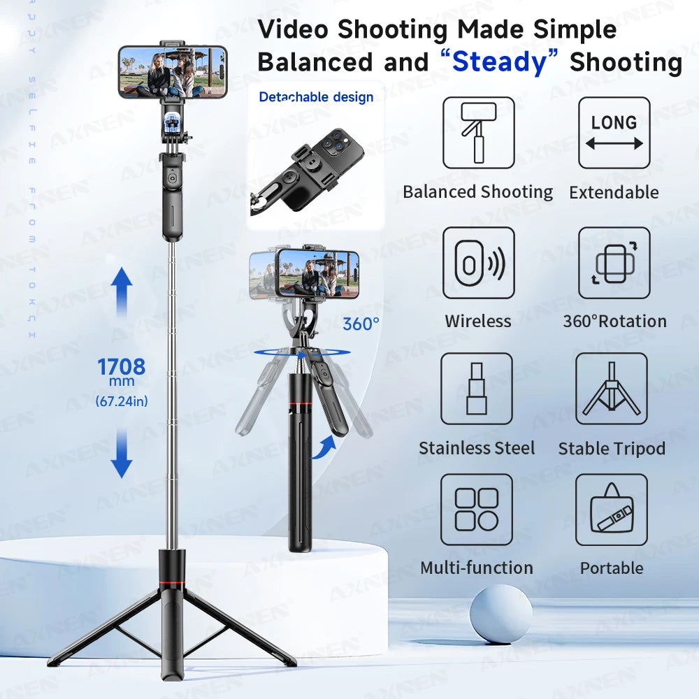 F16 Selfie Stick Tripod with 1708mm Long 8-Section Pole, Bluetooth