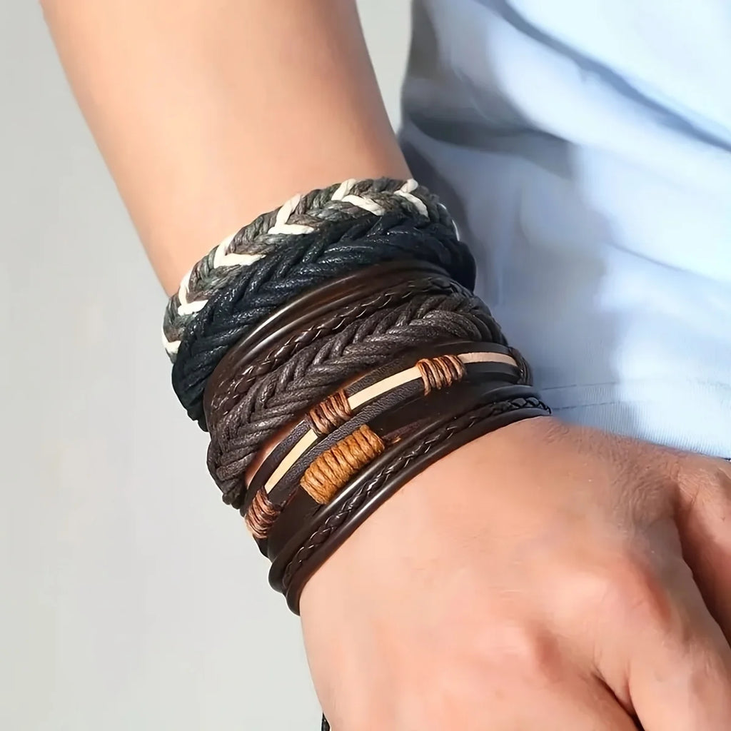 20Pcs Braided Leather Bracelets for Men Women Wrap Wood Beads Cuff